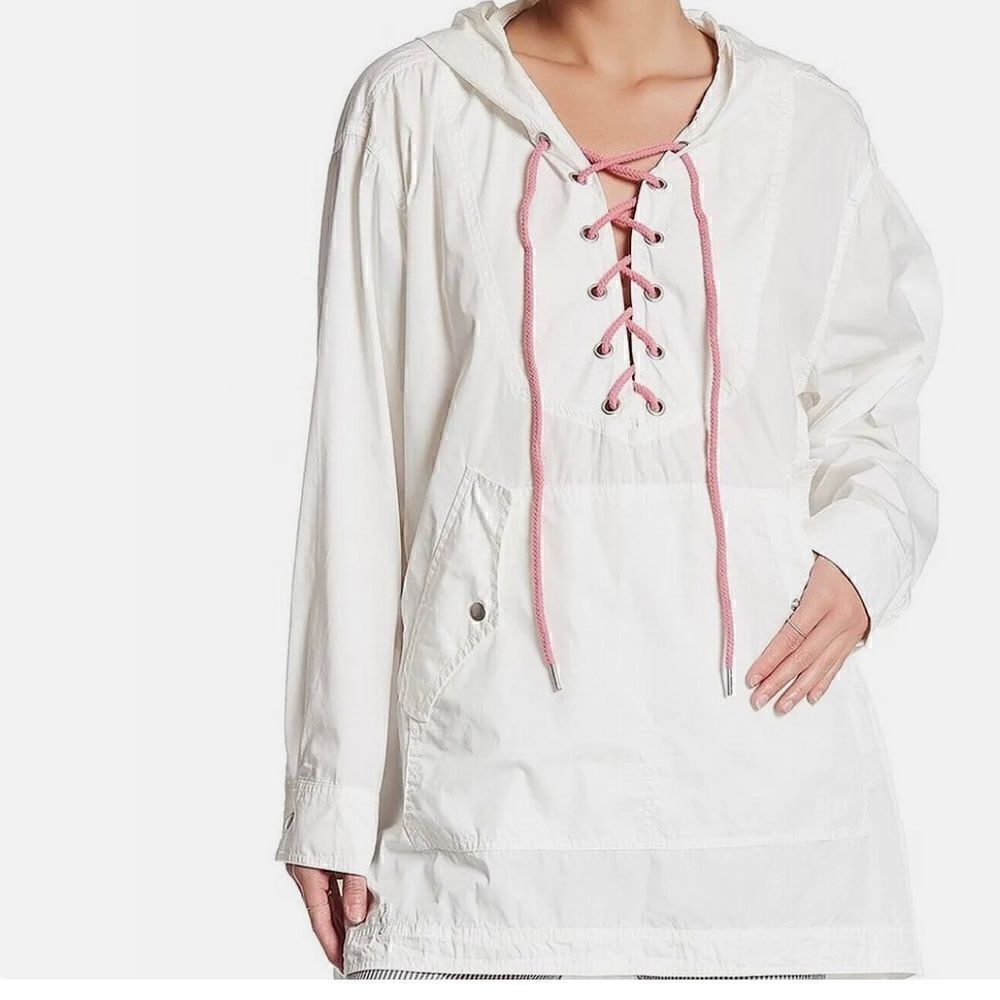 FREE PEOPLE White Oversized Lace Up Hooded Pullover Jacket Size Small